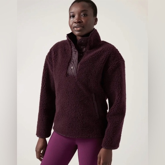 ATHLETA Cozy Sherpa Snap Sweatshirt Spiced Cabernet Sz Medium M - Picture 1 of 6